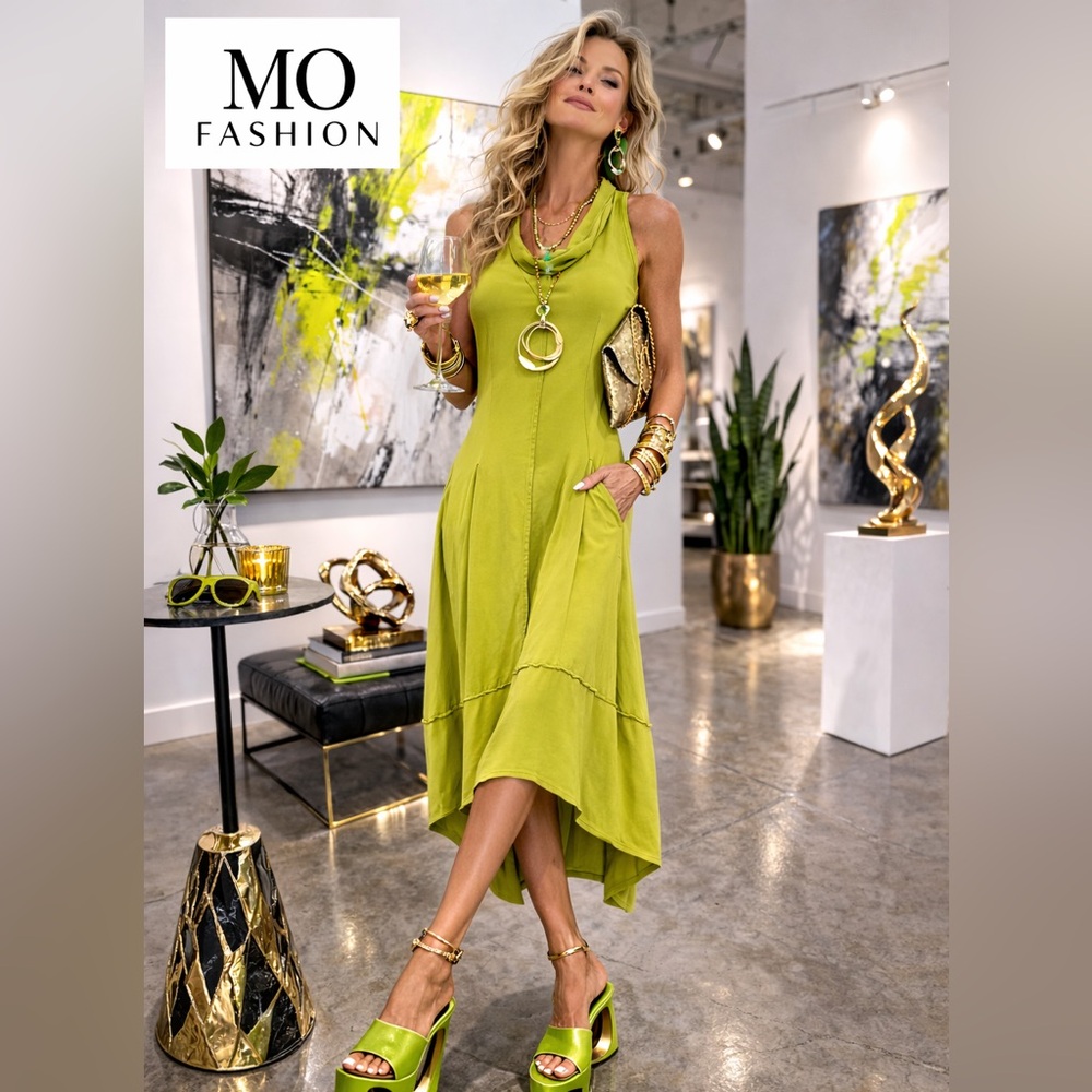 MO Fashion Lime Green Lagenlook Shark Bite Hem Midi Dress Size Small Made USA
